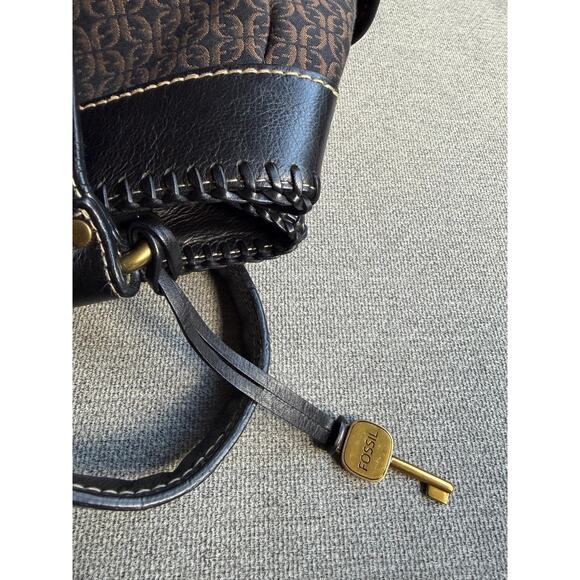Fossil Brown Monogram Canvas Leather Shoulder Bag Key Charm Tote Handbag
